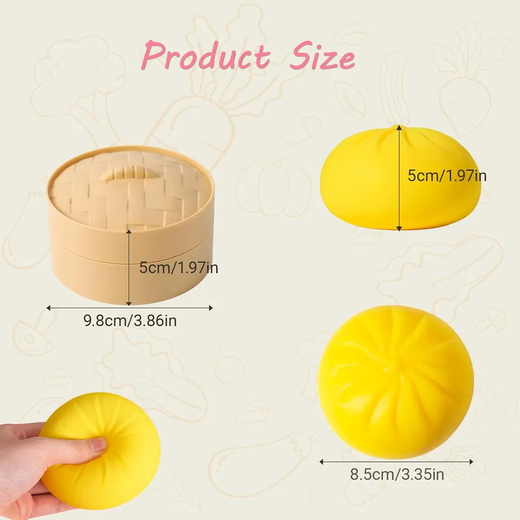 Product size details: 5cm height, 9.8cm diameter for steamer; 5cm height, 8.5cm diameter for yellow bun squishy