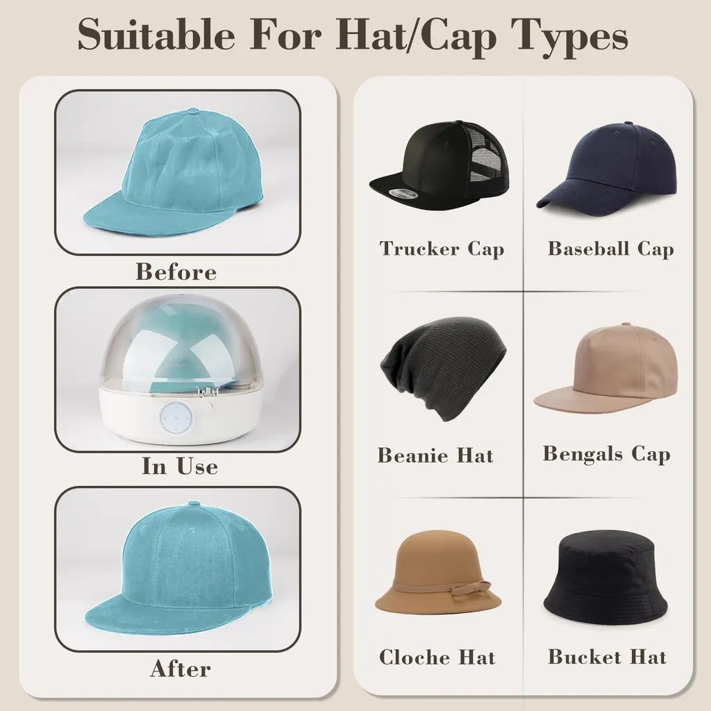 Suitable hat types: trucker cap, baseball cap, beanie hat, bengals cap, cloche hat, bucket hat