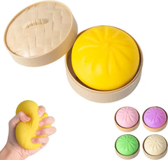 Yellow steamed bun squishy toy in bamboo steamer with pink, purple, green, and beige color options