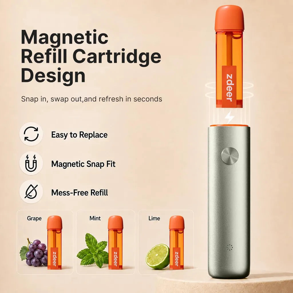 Zdeer magnetic refill cartridge design with grape, mint, lime flavors