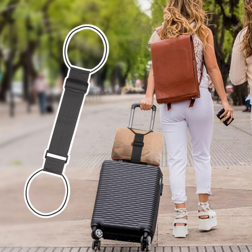 Adjustable luggage bungee strap holds carry-on bag securely to rolling suitcase