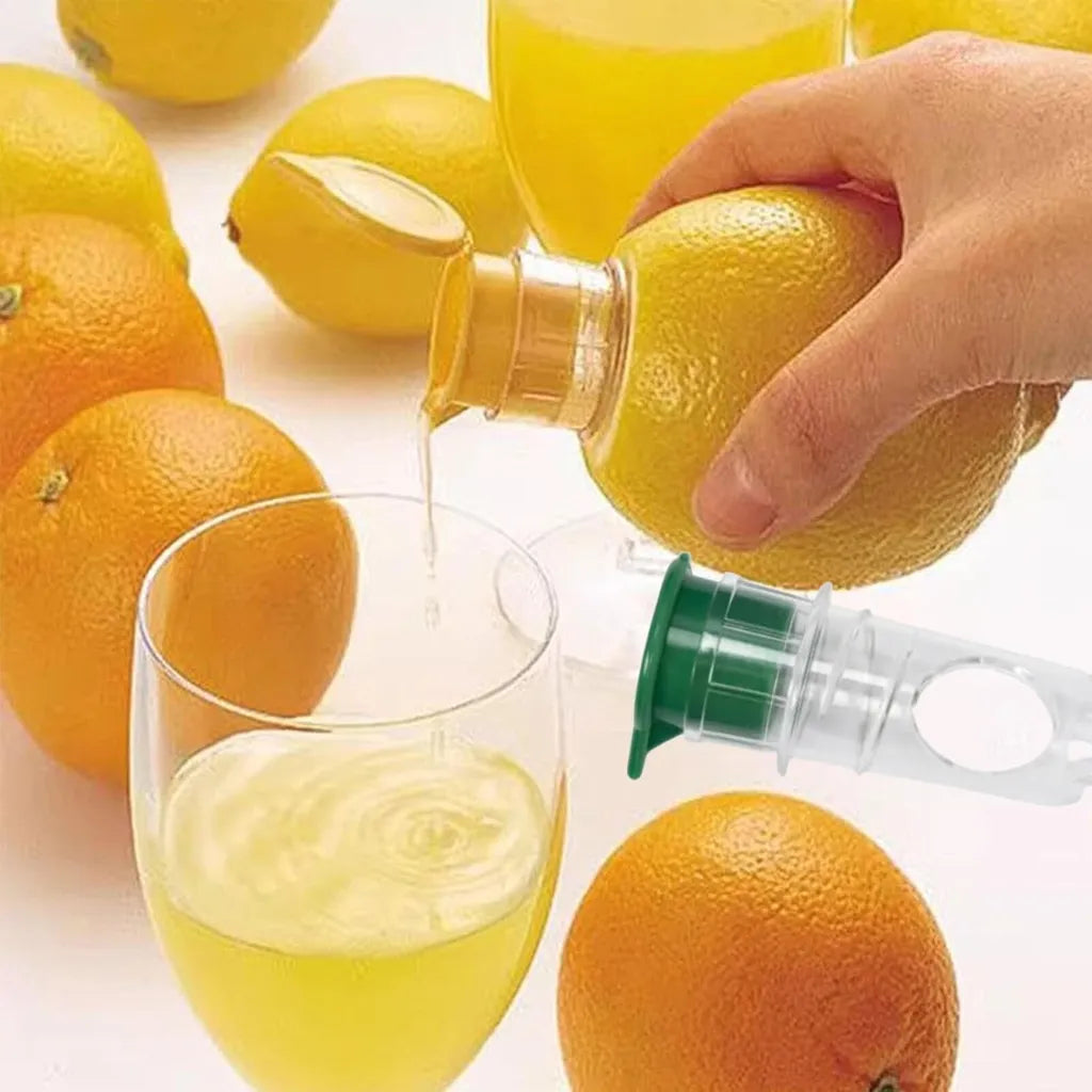 Hand squeezing orange into glass using citrus juicer, surrounded by lemons and oranges