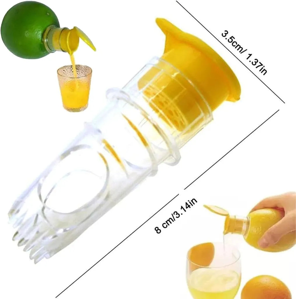 Yellow and clear citrus juicer with dimensions 8cm x 3.5cm, shown with lime and lemon juicing