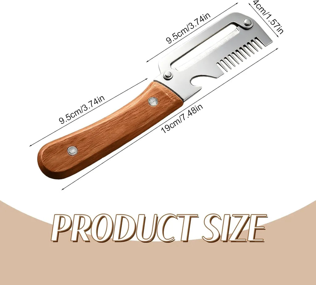 Product size diagram: 19cm/7.48in total length, 9.5cm/3.74in handle, 4cm/1.57in head width; stainless steel peeler with wooden handle