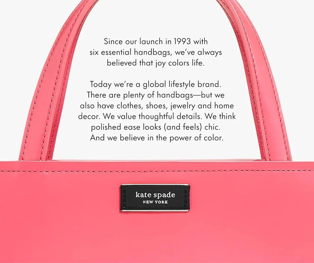 Pink Kate Spade handbag with brand tag and lifestyle brand description text