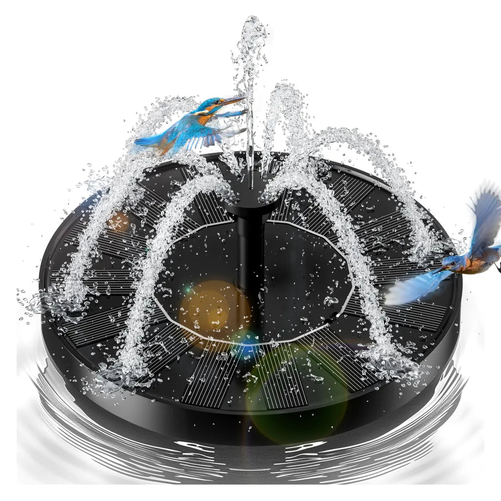 Black solar fountain with dynamic water arcs, two kingfishers interacting mid-splash, white background