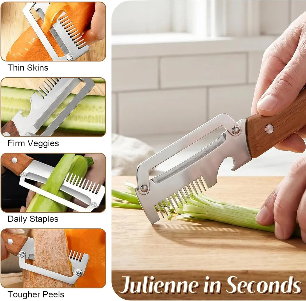 Collage showing peeler handling thin skins (carrot), firm veggies (cucumber), daily staples (celery), tougher peels (potato); emphasizes 'Julienne in Seconds'