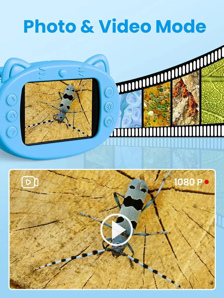 Photo & video mode: longhorn beetle on wood displayed on screen; filmstrip showing stills and 1080P video playback