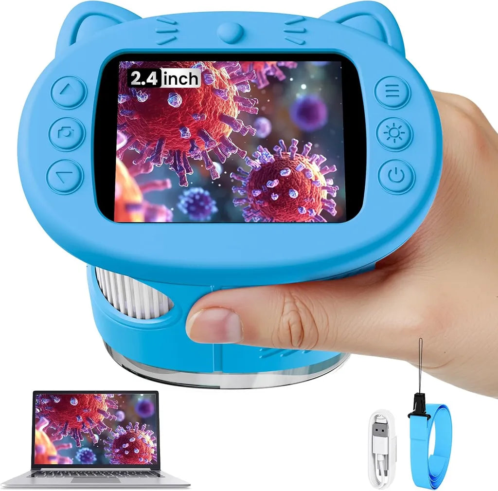 Blue cat-ear kids digital microscope with 2.4-inch screen showing virus cells, held in hand, with laptop display and USB cable