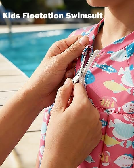 Adult zipping pink kids floatation swimsuit with fish print by swimming pool
