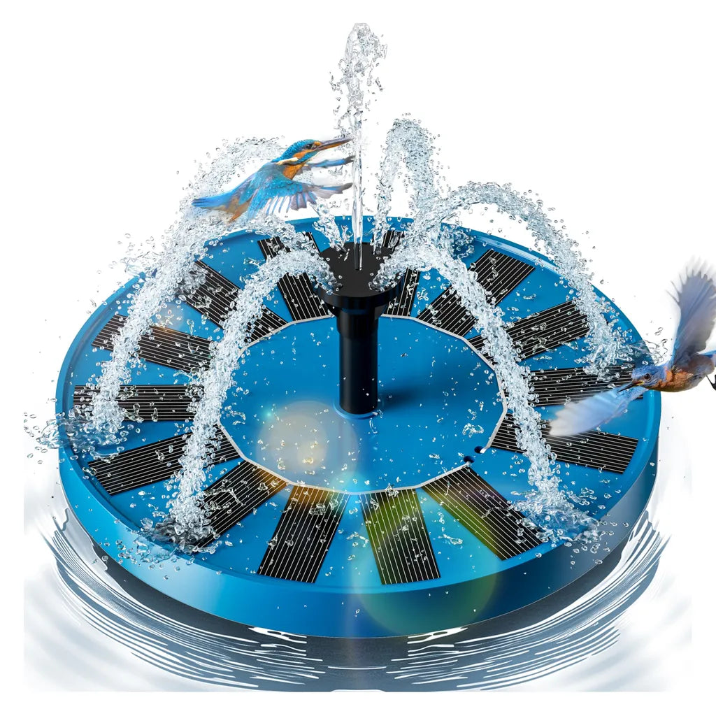 Blue-base solar fountain with 6 spray jets, kingfishers flying through water, high-contrast splash effect