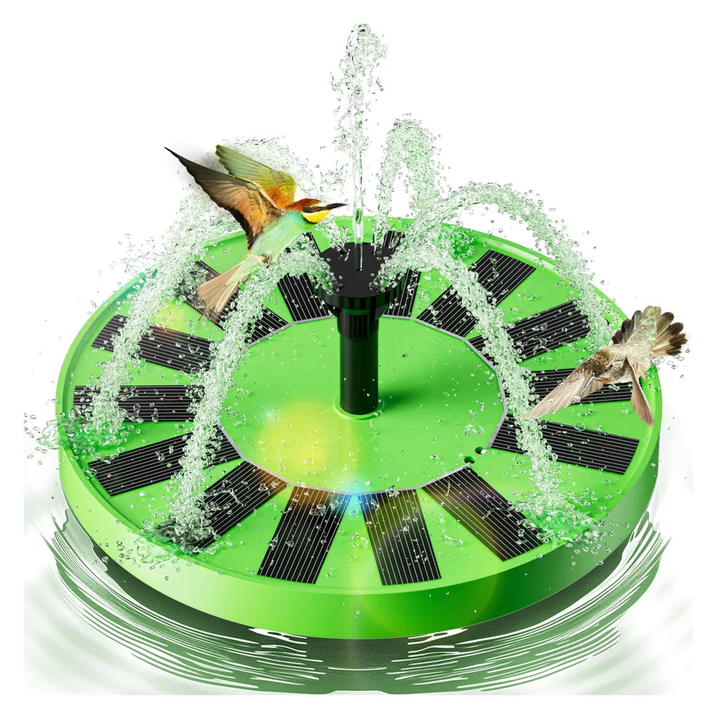 Green-base solar fountain with multi-jet spray, bee-eater and hummingbird in motion, vibrant water droplets