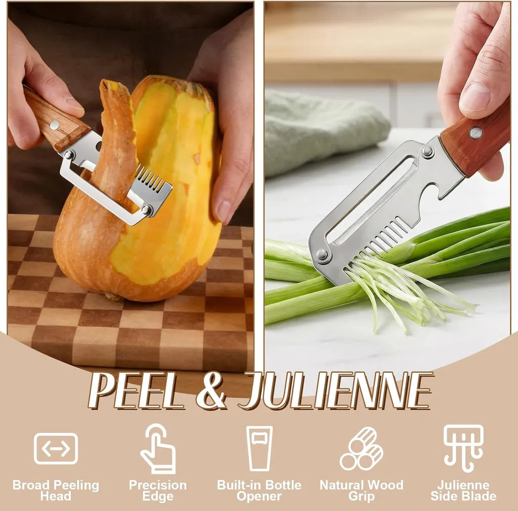 Dual-function peeler julienne tool in use: peeling pumpkin and slicing scallions; features broad peeling head, precision edge, built-in bottle opener, natural wood grip, julienne side blade