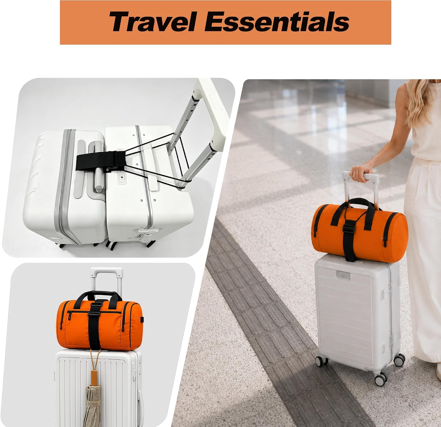 Travel essentials luggage strap secures duffel bag and suitcase on airport trip