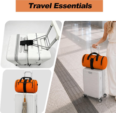 Travel essentials luggage strap secures duffel bag and suitcase on airport trip