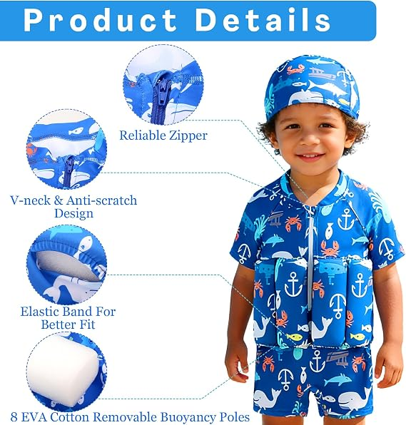 Product details of blue kids float swimsuit with removable buoyancy poles