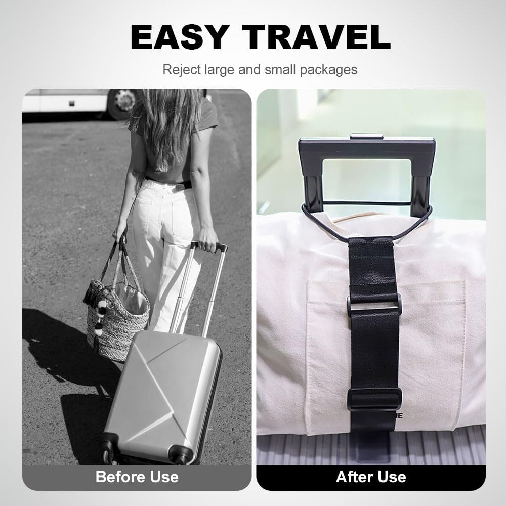 Before and after: luggage strap frees hands by securing bag to suitcase handle