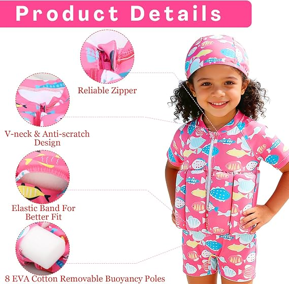 Girl wearing pink fish print buoyancy swimsuit, product features of kids float swimwear