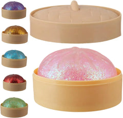 Shimmering rainbow bath bombs in beige containers with woven lid