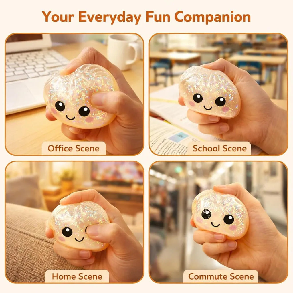 Glitter dumpling squishy toy for office, school, home, and commute scenes as everyday fun companion