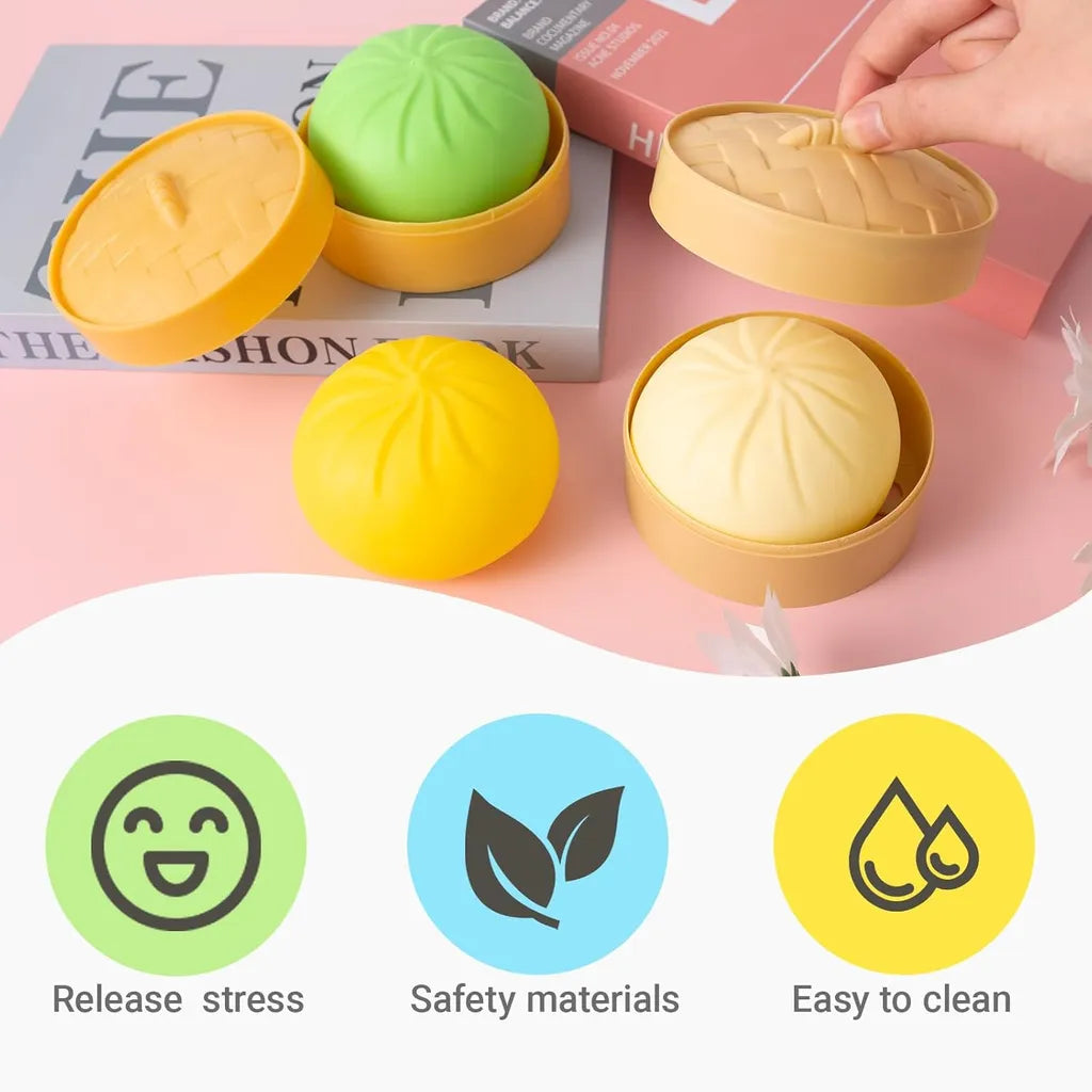 Steamed bun squishy toys in green, yellow, and beige with icons for stress relief, safe materials, and easy cleaning