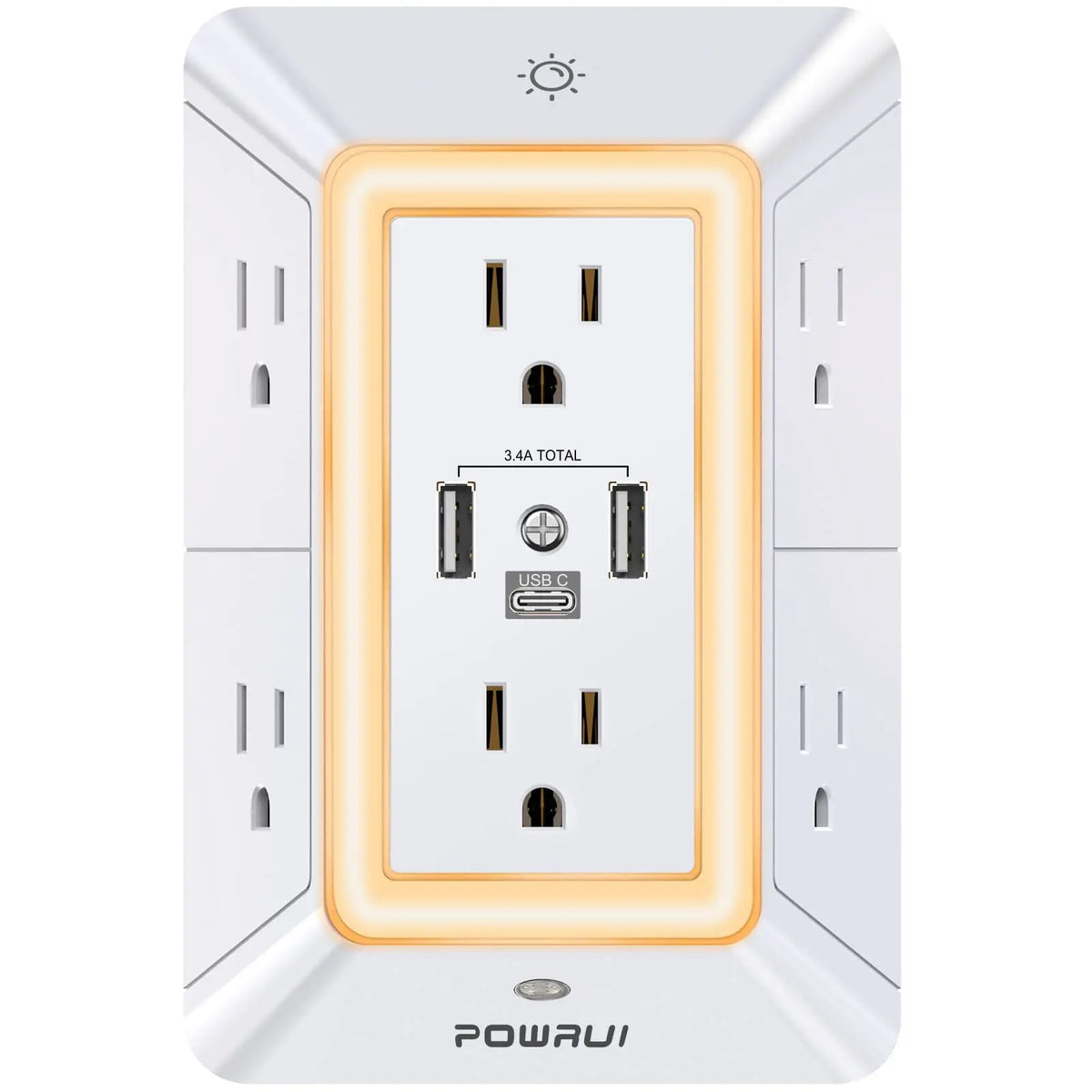 Multi-Function Wall Charger & Surge Protector: 6 Outlets with USB-C Port (3-Sided Design)