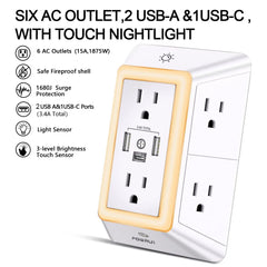 Multi-Function Wall Charger & Surge Protector: 6 Outlets with USB-C Port (3-Sided Design)