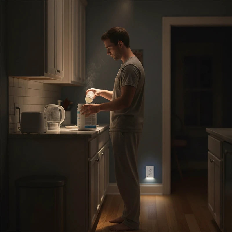 Thanks to the LED Outlet Cover, Dad no longer needs to look for a light when he gets up at night to make formula for the baby. (Image)