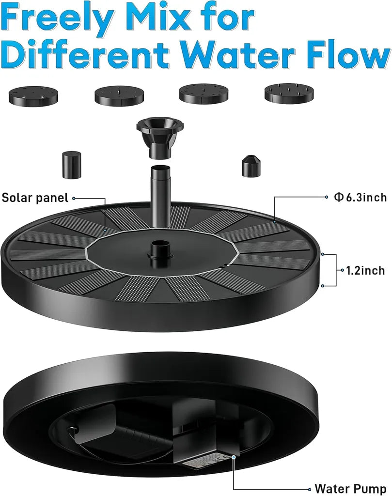 Exploded view of solar fountain: 6.3in diameter panel, 1.2in height, detachable nozzles, integrated water pump