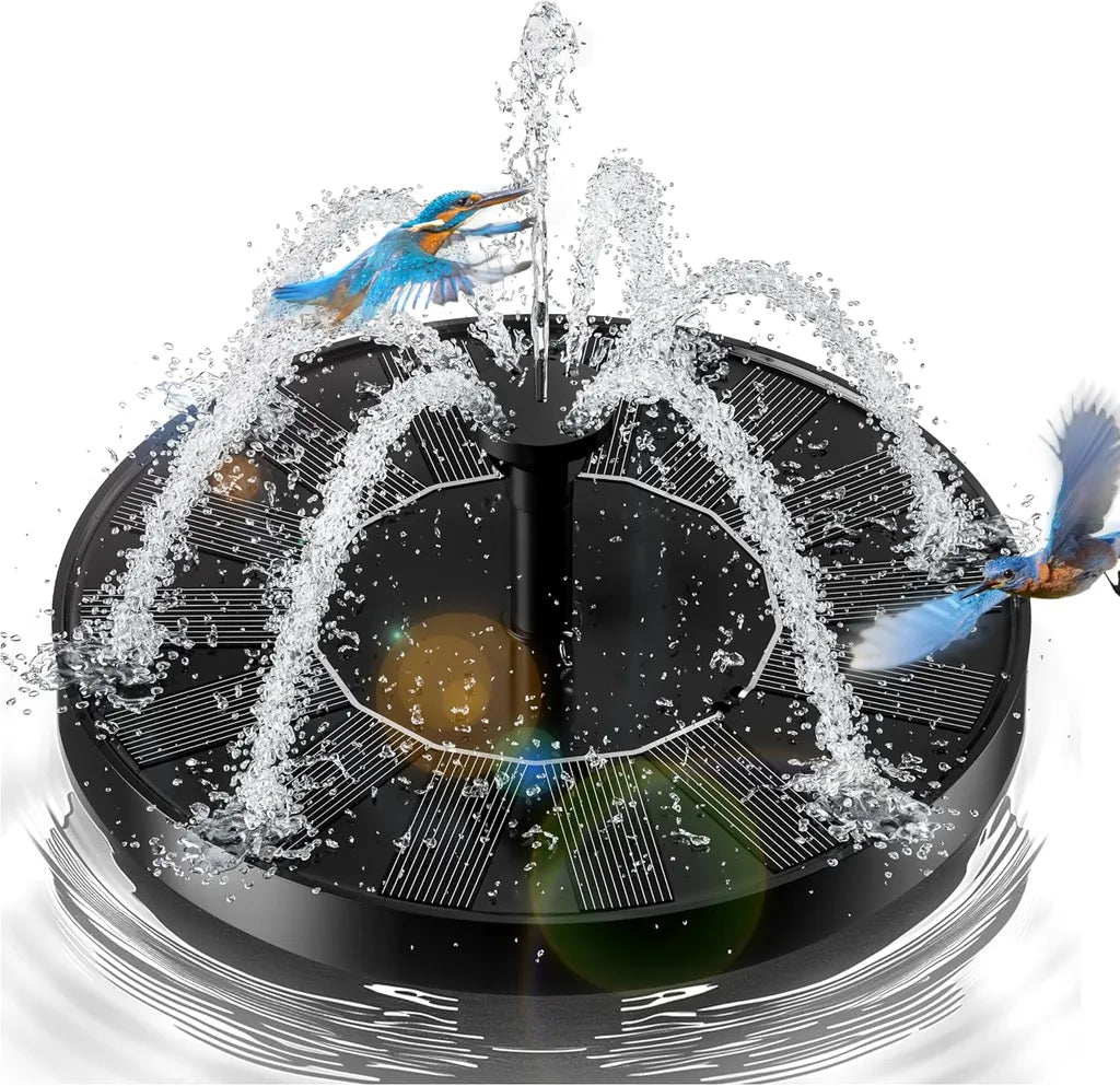 Black solar-powered fountain with 6 spray modes, kingfishers in flight, water splashing