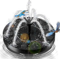 Black solar-powered fountain with 6 spray modes, kingfishers in flight, water splashing