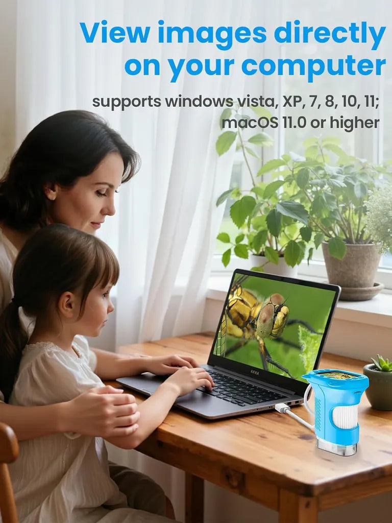 View images directly on your computer: mom and child using laptop to view magnified wasp image; microscope connected via USB