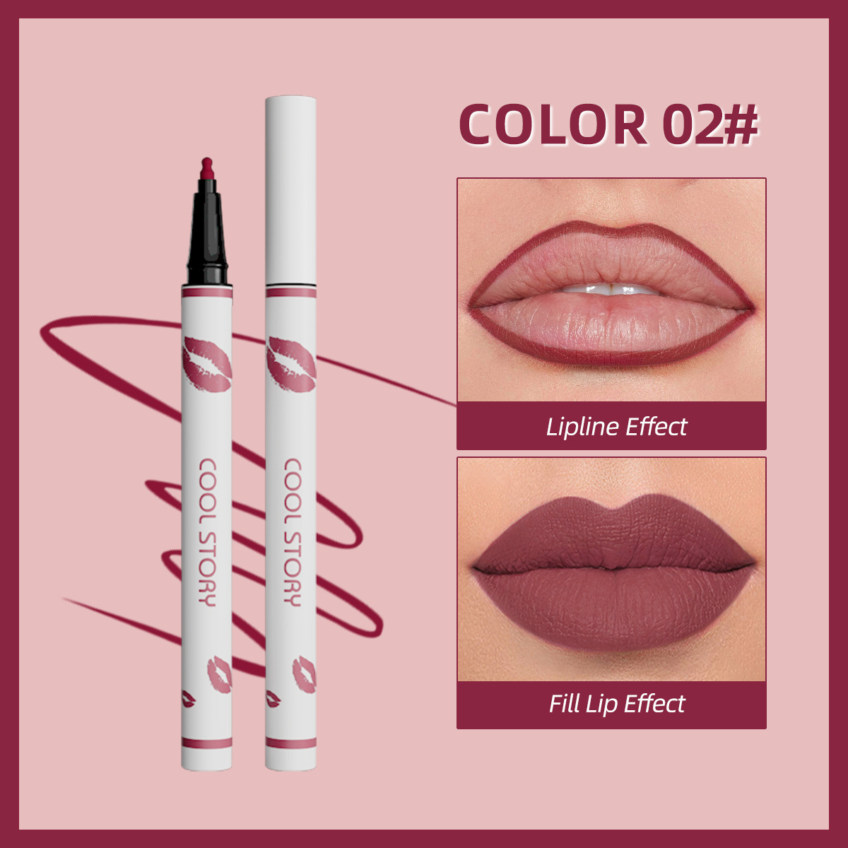 Cool Story Lip Liner - shade 02 berry tone lip liner pencil with lipline and fill lip effect swatches