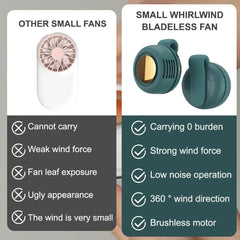 Comparison: bladeless fan vs traditional small fan highlighting portability, wind strength, safety, and noise