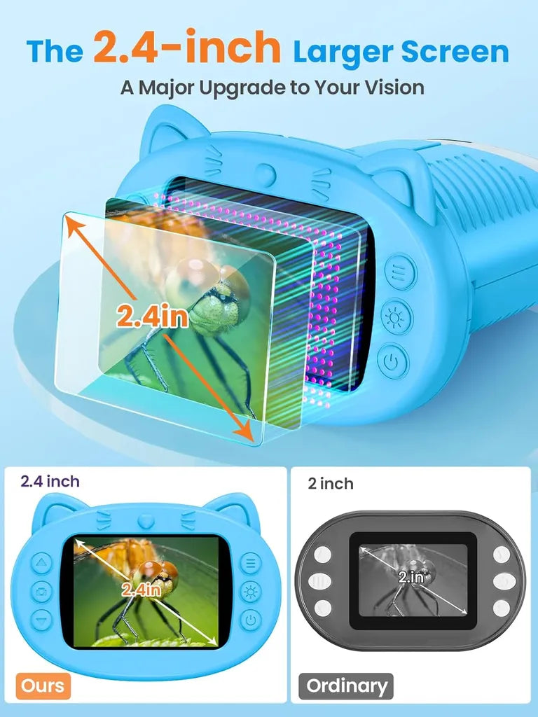 2.4-inch larger screen upgrade: magnified dragonfly image on blue cat-ear microscope vs ordinary 2-inch model