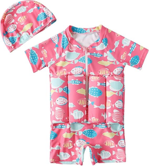 Girls pink fish print kids float swimsuit with matching swim cap