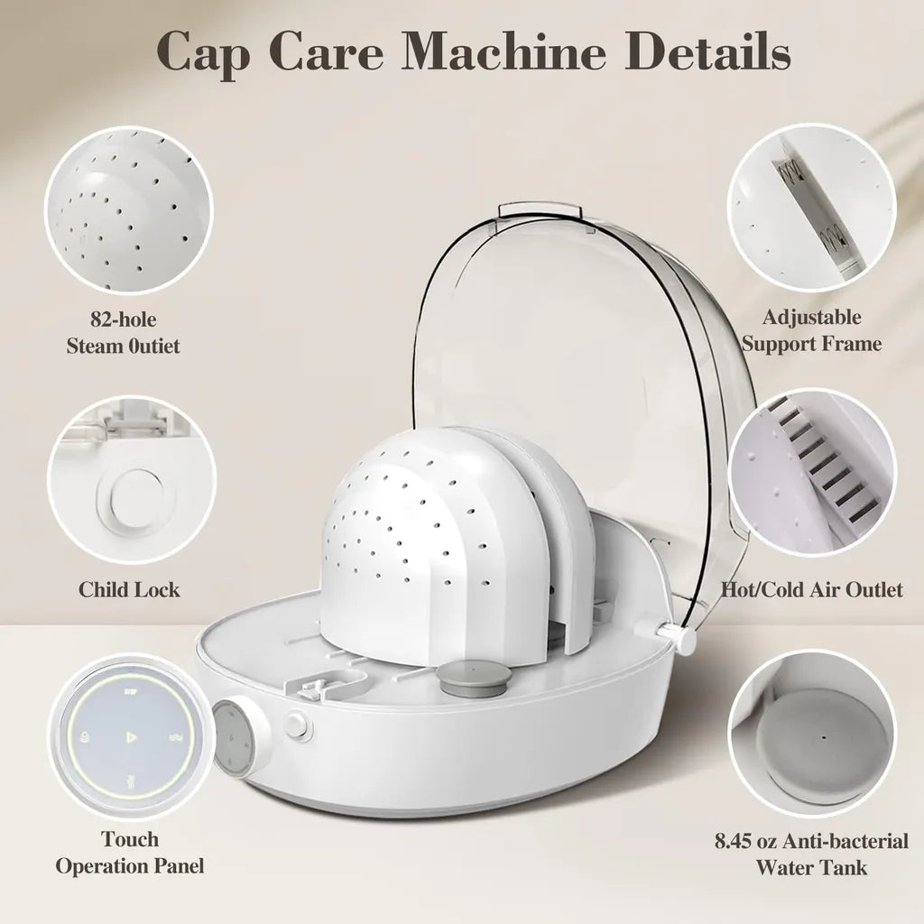 Cap care machine details: 82-hole steam outlet, adjustable support frame, child lock, touch panel, anti-bacterial water tank