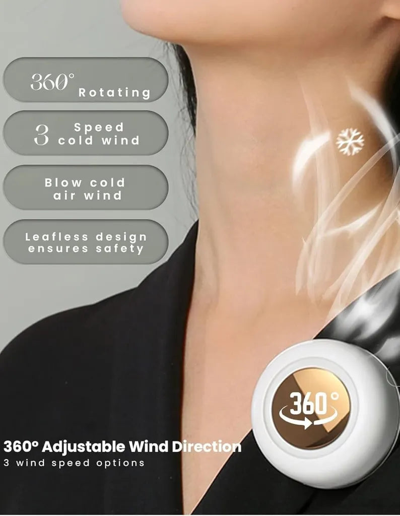 White bladeless fan clipped to woman's neck, providing 360° rotating cold air with 3 speed options