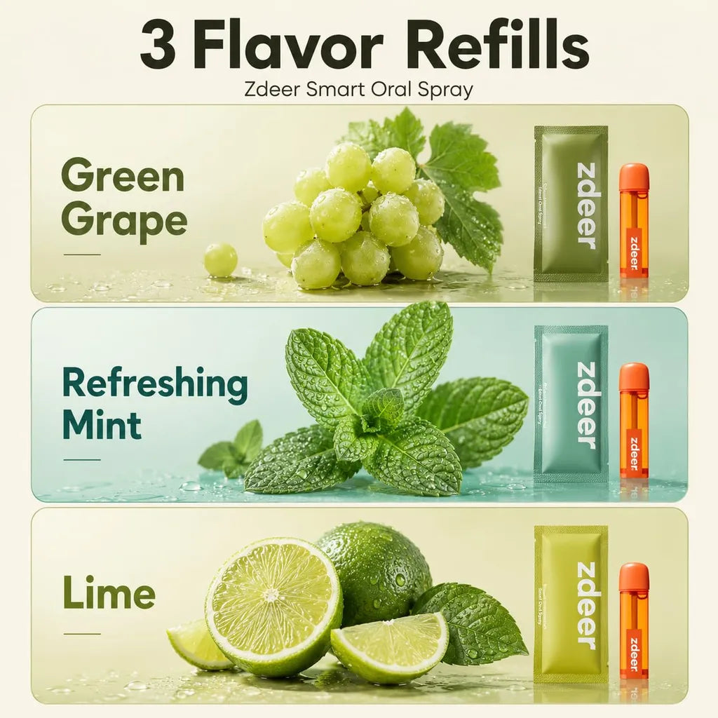 Three flavor refills for Zdeer smart oral spray: green grape, refreshing mint, lime