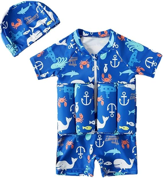 Boys blue nautical print kids buoyancy swimsuit with matching swim cap