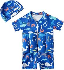 Boys blue nautical print kids buoyancy swimsuit with matching swim cap