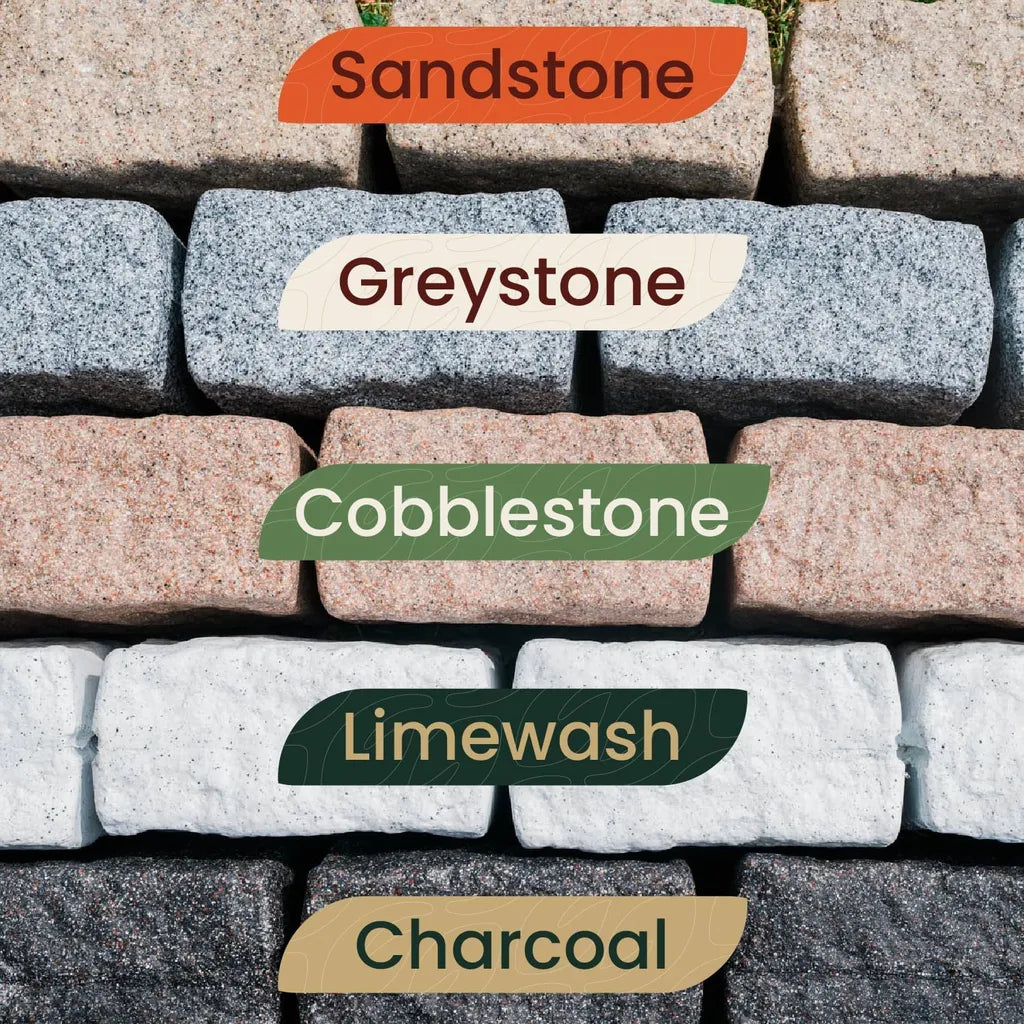 Color options for stone landscape edging: Sandstone, Greystone, Cobblestone, Limewash, Charcoal