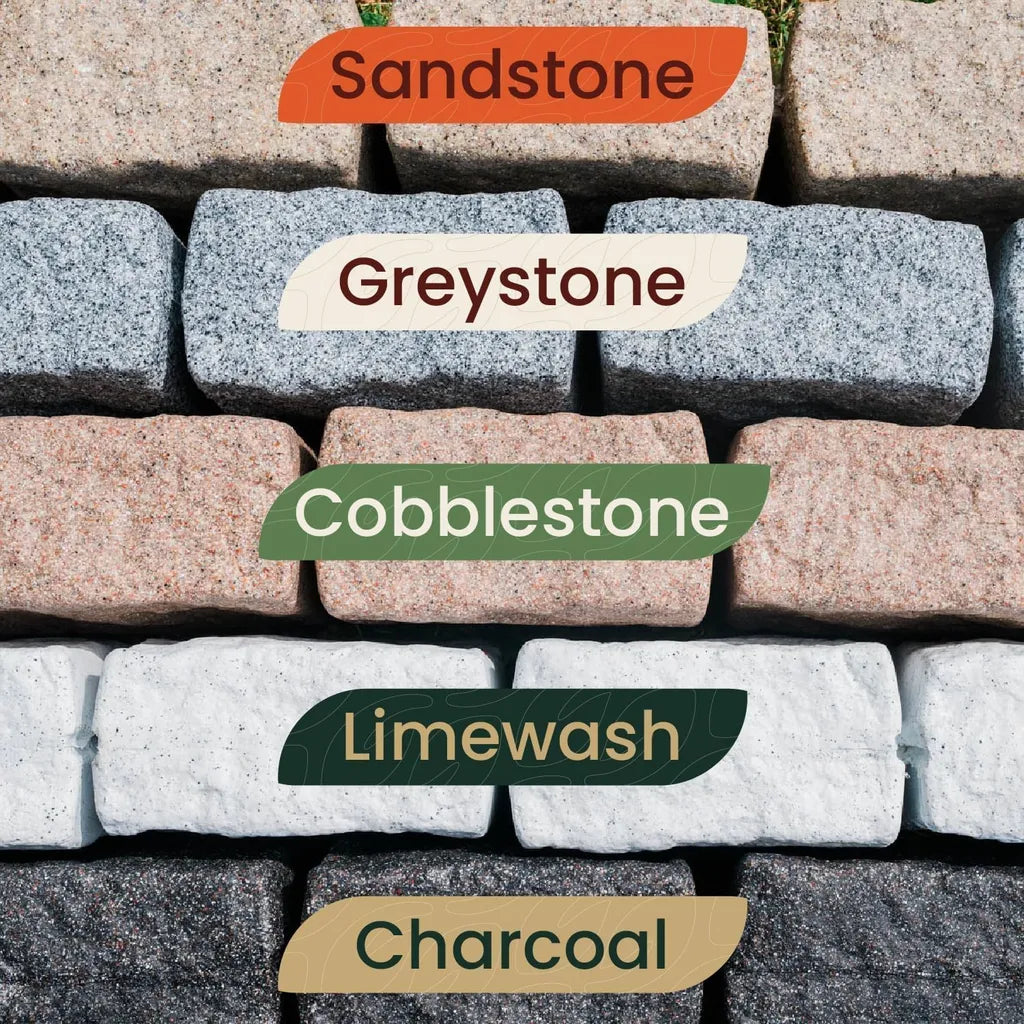 Color options for stone landscape edging: Sandstone, Greystone, Cobblestone, Limewash, Charcoal