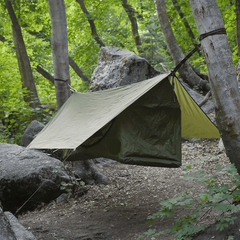 Lay-flat waterproof hammock , featuring insect netting and a rain fly.