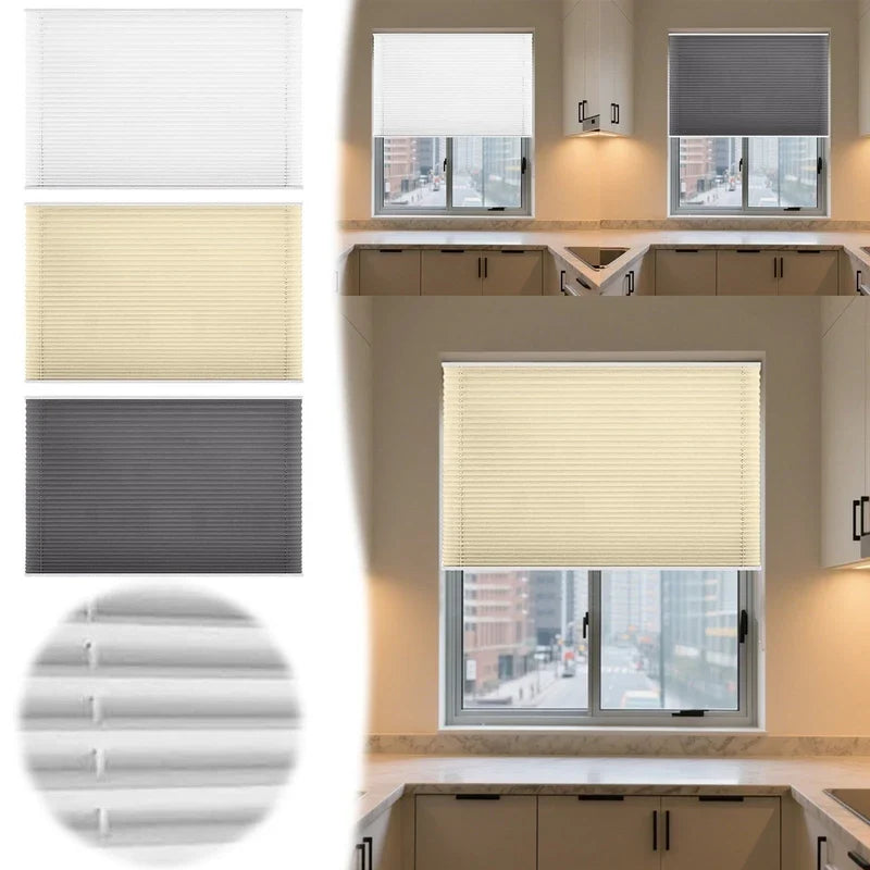 Three color options cordless honeycomb blinds display with kitchen window installation scenes