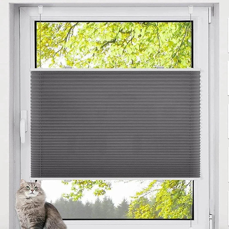 No drill grey honeycomb blinds installed on home window with a cat nearby