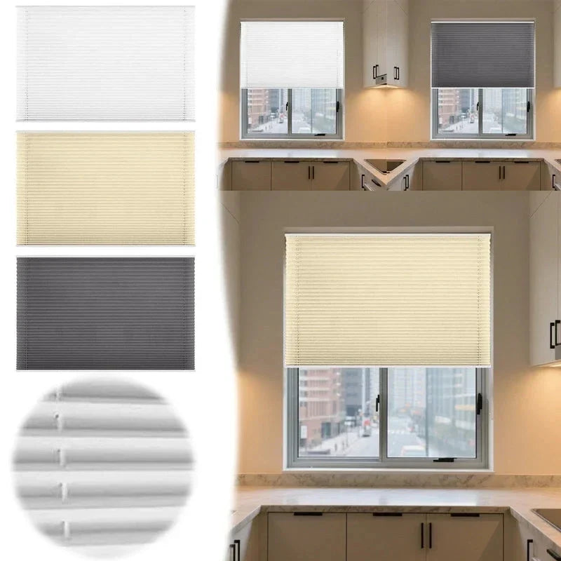Multi scene display of no tools no drill cordless honeycomb blinds in 3 colors