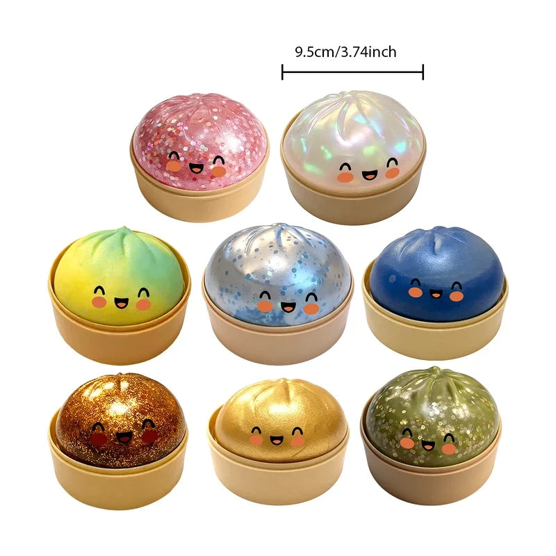 8 various colorful glitter squishy bun toys with steamer boxes marked with 9.5cm size