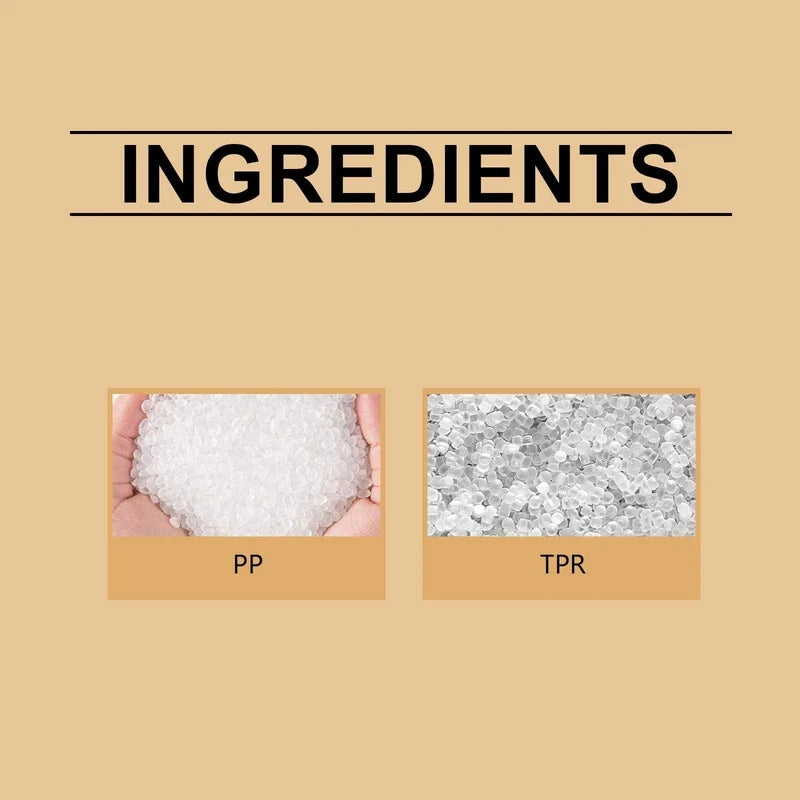 Raw material introduction showing PP and TPR materials for the squeeze toys