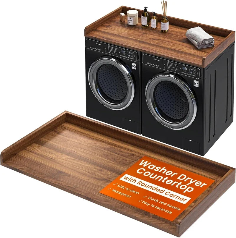 Wood washer dryer countertop shown separately and installed on black front load washer dryer set